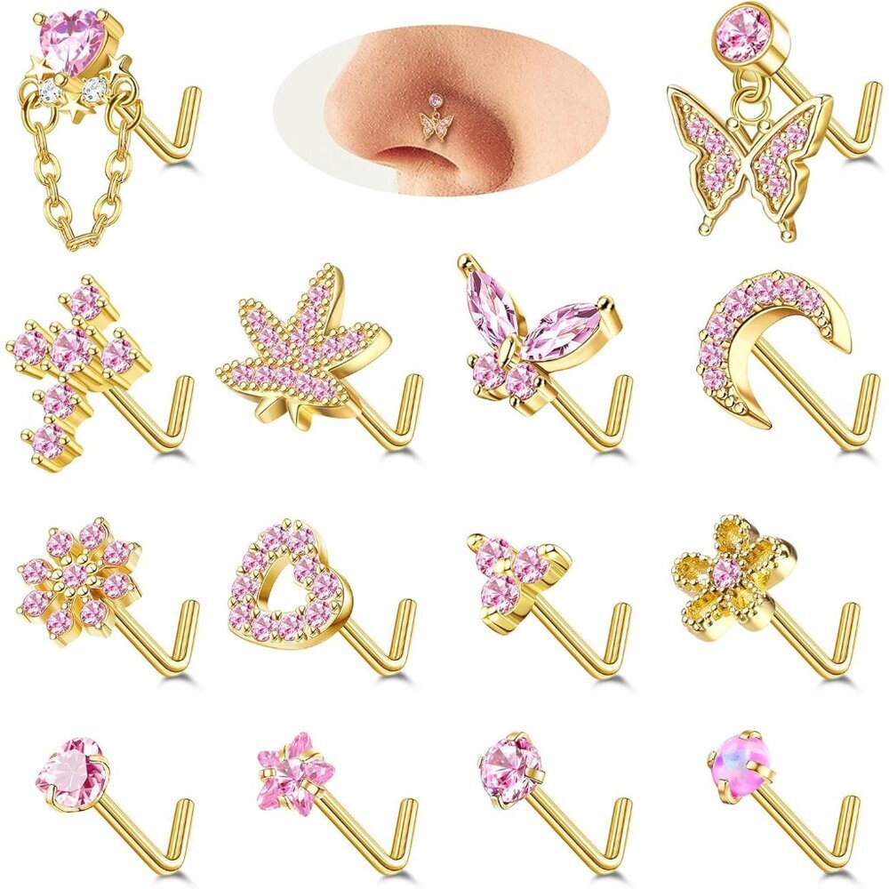 14 Pcs Women’s Gold & Pink Nose Rings Set 20G L Shaped Dangle Jewelry